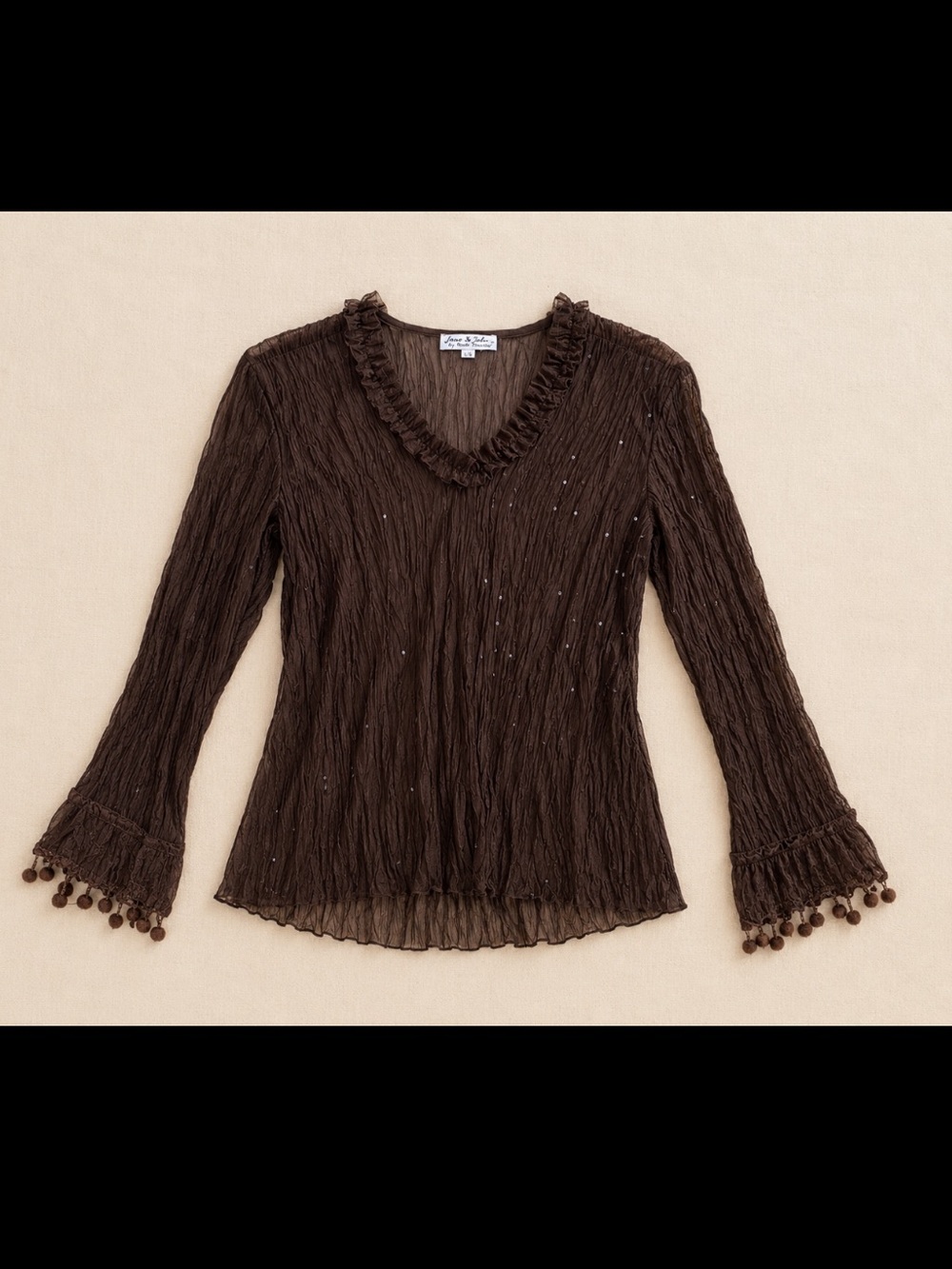 Y2K Jane & John Sheer Crinkle Blouse Large Brown Sequin Pom Pom Sleeve Boho